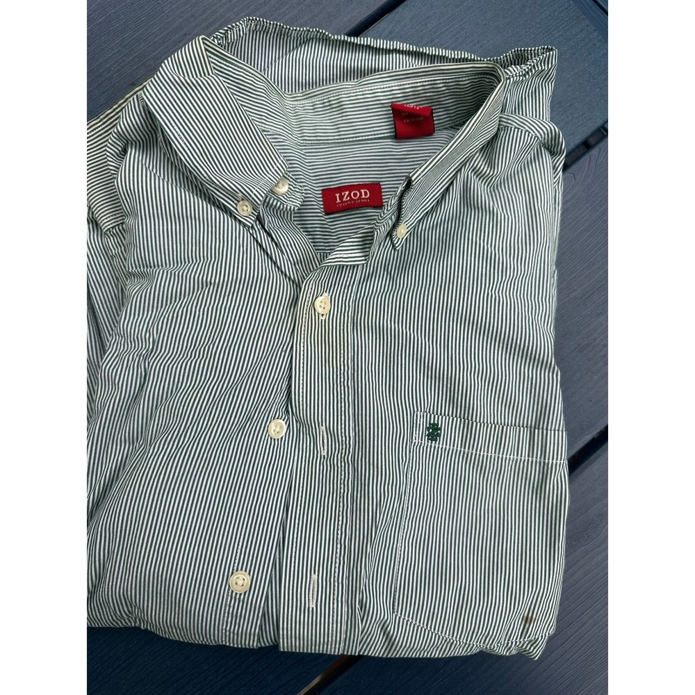 IZOD Luxury Sport Mens Large Green White Striped Button Down Shirt Long Sleeve